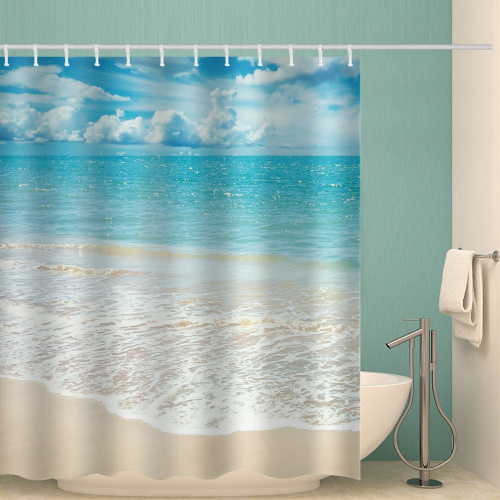 Sea Wave Beach Waterproof Shower Curtain Blue Ocean Bathroom Decor Shower Curtain with Hooks