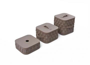 Dark khaki saddle leather storage basket with lid