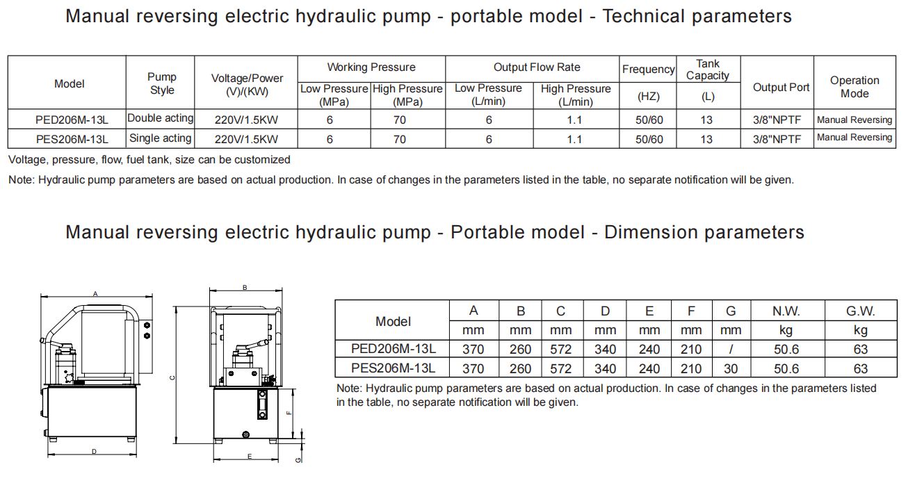 electric hydraulic pump 13L parameter