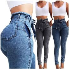 Best-Selling Slim Fit Elastic High Waist Denim Jeans with Tassel Belt for Women