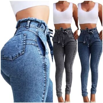 Best-Selling Slim Fit Elastic High Waist Denim Jeans with Tassel Belt for Women