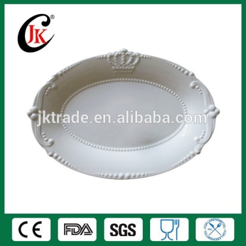 Wholesale fine royal new bone china white embossed ceramic steak plate with crown design