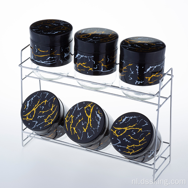 Zwart gouden printen 6-delige set 400 ml Jar Glass Voedsel Opslag Glazen Noten Keuken Voedsel Opslagglas Jar
