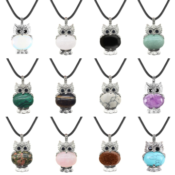 Gemstone Oval Beads CZ Rhinestone Silver Owl Pendant Necklace 45cm Black Cord