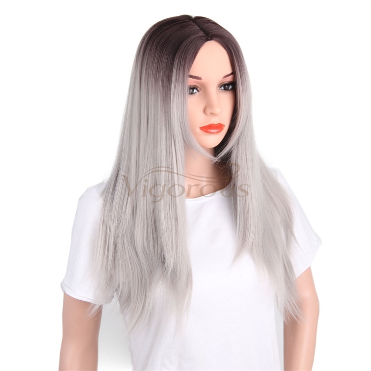Vigorous Middle Part Straight Synthetic Wig Ombre Dark Root To Silver White Wig Heat Resistant Fiber Long Cosplay Wig For Women