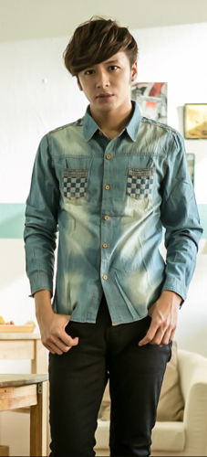 Gratis verzending mannen 2015 mode denim Splicing shirt