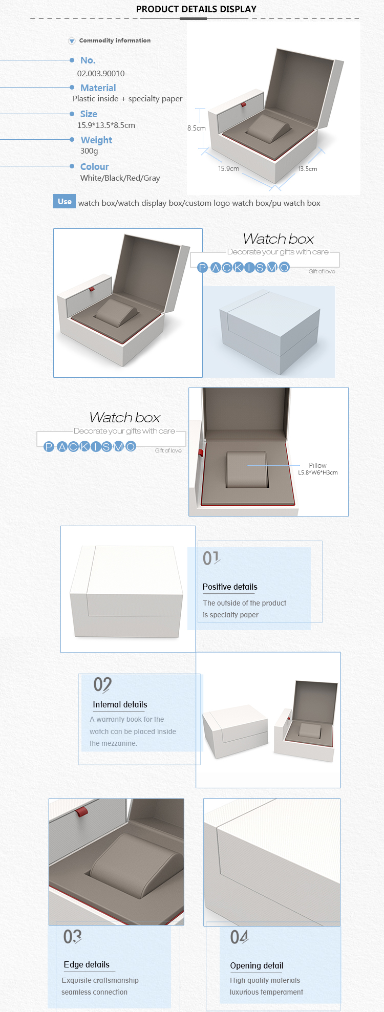 2021 New design black white red gray Plastic inside + specialty paper watch box pillow packaging watch box