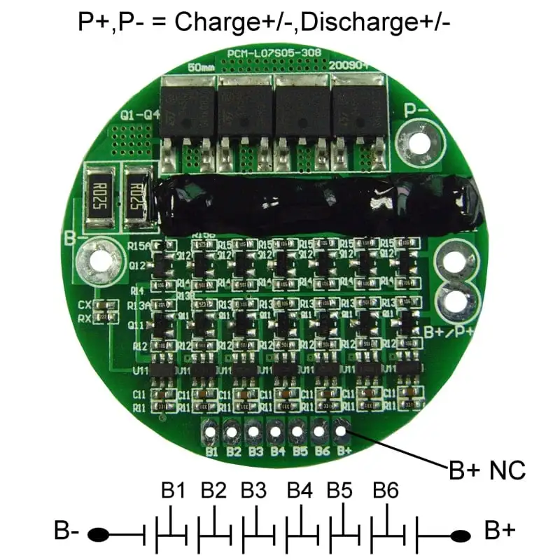 4s~7s 8A Circular PCM BMS for 24V 25.2V 25.9V Li-ion/Lithium/ Li-Polymer 21V 22.4V LiFePO4 Battery Pack Size Φ 50mm (PCM-L07S05-308)