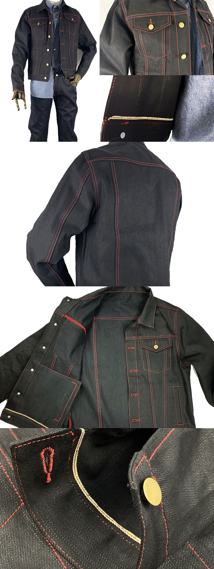 17oz trucker modified type 100% long staple cotton japanese selvedge black denim jacket custom red thread available for men