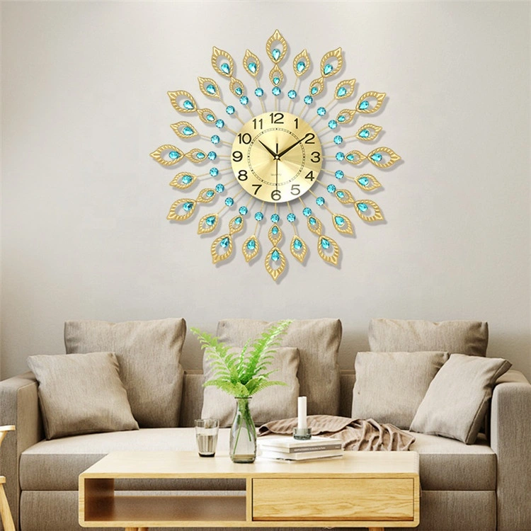 Home Decoration Diamond Metal Design Crystal Peacock Luxury Wall Clock