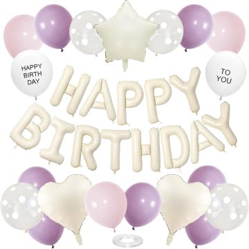 Purple and White Birthday Happy Banner Balloons