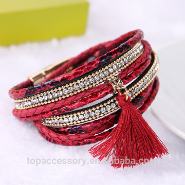 TBC6907-4 2017 New Brazilian Beach Magnet Buckle Rhinestone Tassel Leather Braided Multilayer Charm Women Boho Bracelets