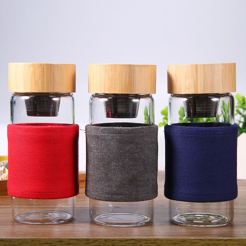 Borosilicate bamboo lid glass tea cup with infuser swing top glass bottles 400ml
