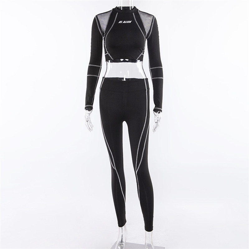 C8168 Wholesale new fashion 2 piece set women ladies fall clothing long sleeve crop top stripe black yoga set