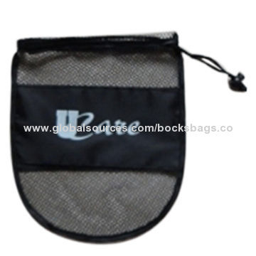 Drawstring mesh laundry bags in black color, ellipse bottom with woven label, silkscreen printing