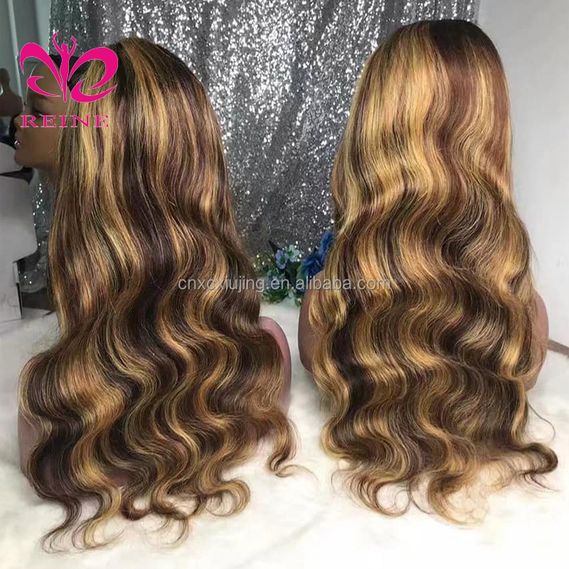 REINE Design Honey Blonde Highlight Wigs,Color 4/27 Highlight Lace Frontal Human Hair Full Lace Frontal Wigs,Brown Highlight Wig