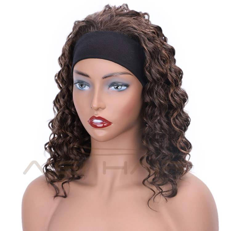 Aisi Hair Afro Curly High Temperature Fiber Synthetic Wigs with Headband Mixed Brown Color Short Curly Wigs for Black Women