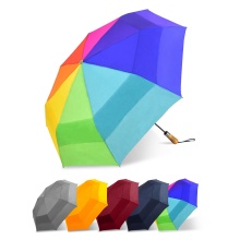 Custom Wooden Handle Double Layer Windproof Auto Open/Close Rainbow Umbrella