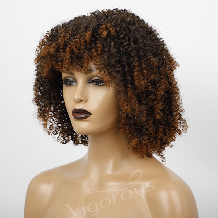 Women's High Quality Afro Kinky Cury Short Bangs Ombre Brown Color Bob Style Pixie Cut Wigs Synthetic None Lace Heat Resistant