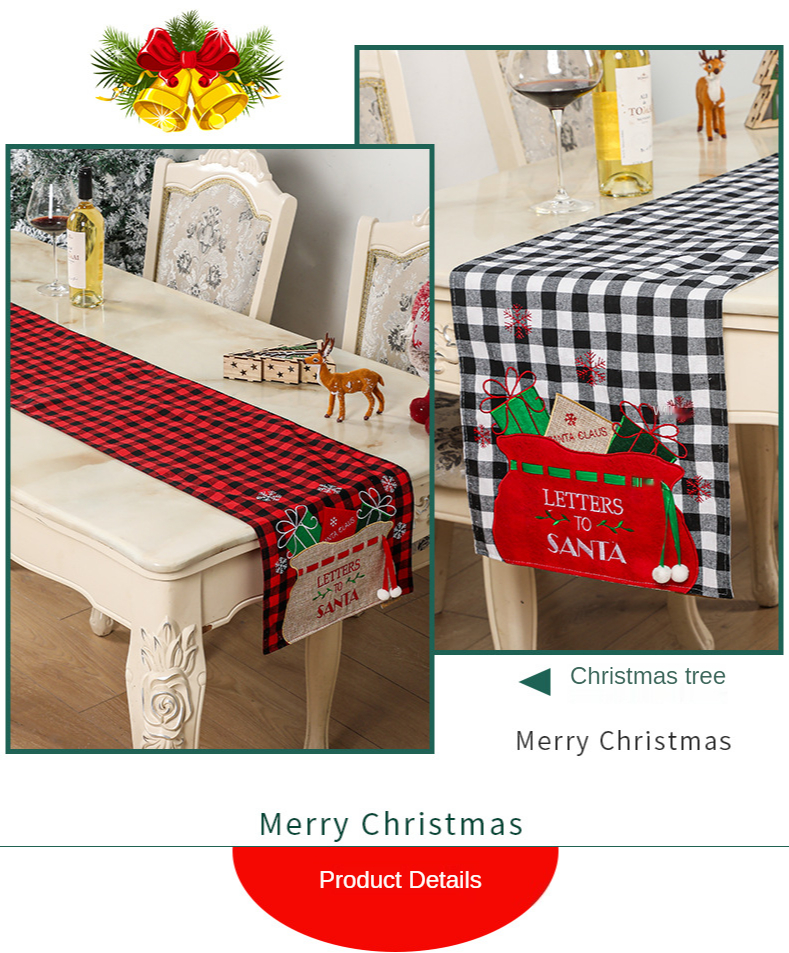 Christmas Table Runner Christmas Applique Embroidered Plaid Tablecloth Home Table Decoration Christmas Decorations