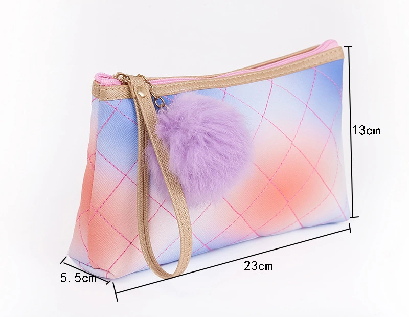 Lingge Rainbow Juice Color Ladies Pouch Leather Cosmetic Makeup Bag with Pompom