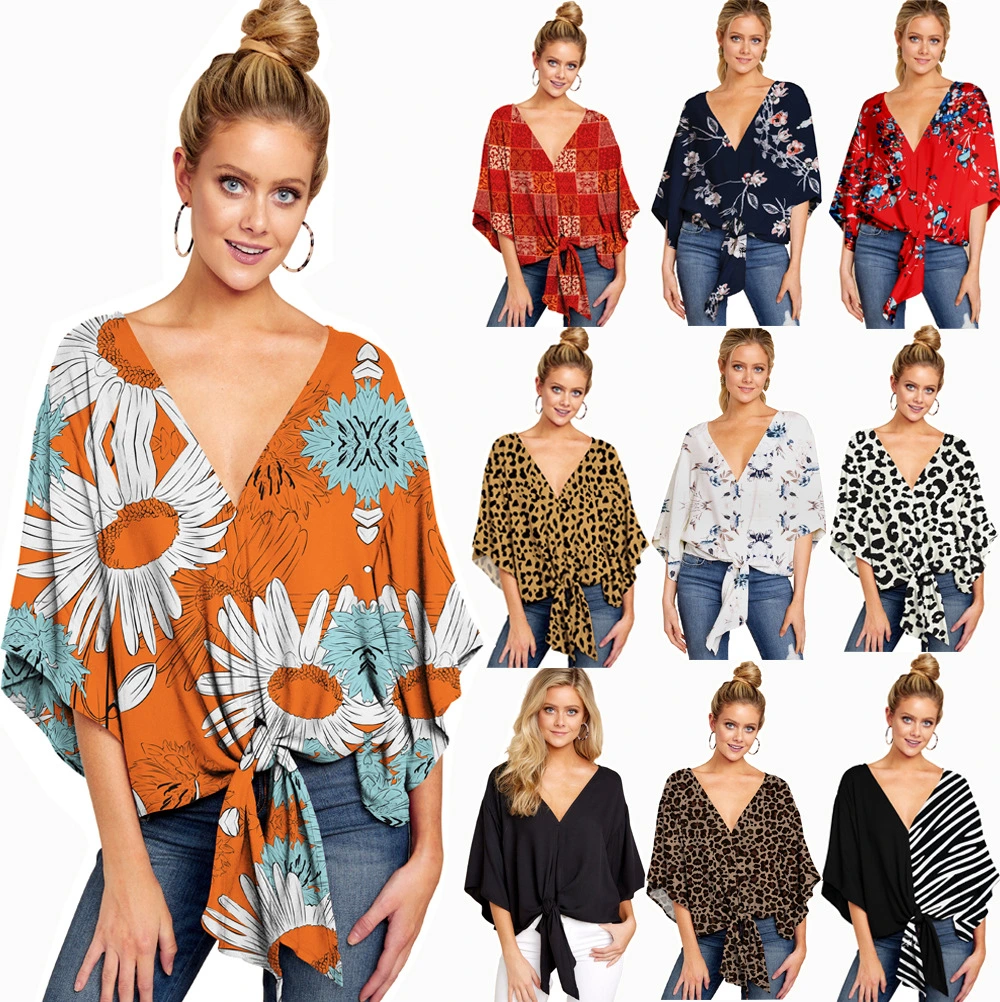 New Season Design Floral Print OEM Women Tops Wholesal Oversized Batwing Women Trendy V Neck Top