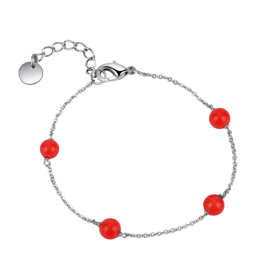 Serling Silver Red Pearl Bead Chain Bracelet