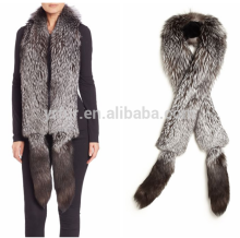 YR754 Plush Real Silver fox fur Shawl with tails