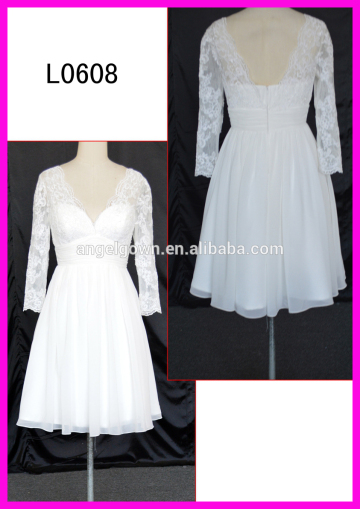 V-neck chiffon A-line wedding dresses with hidden zipper knee length wedding dresses with sleeves