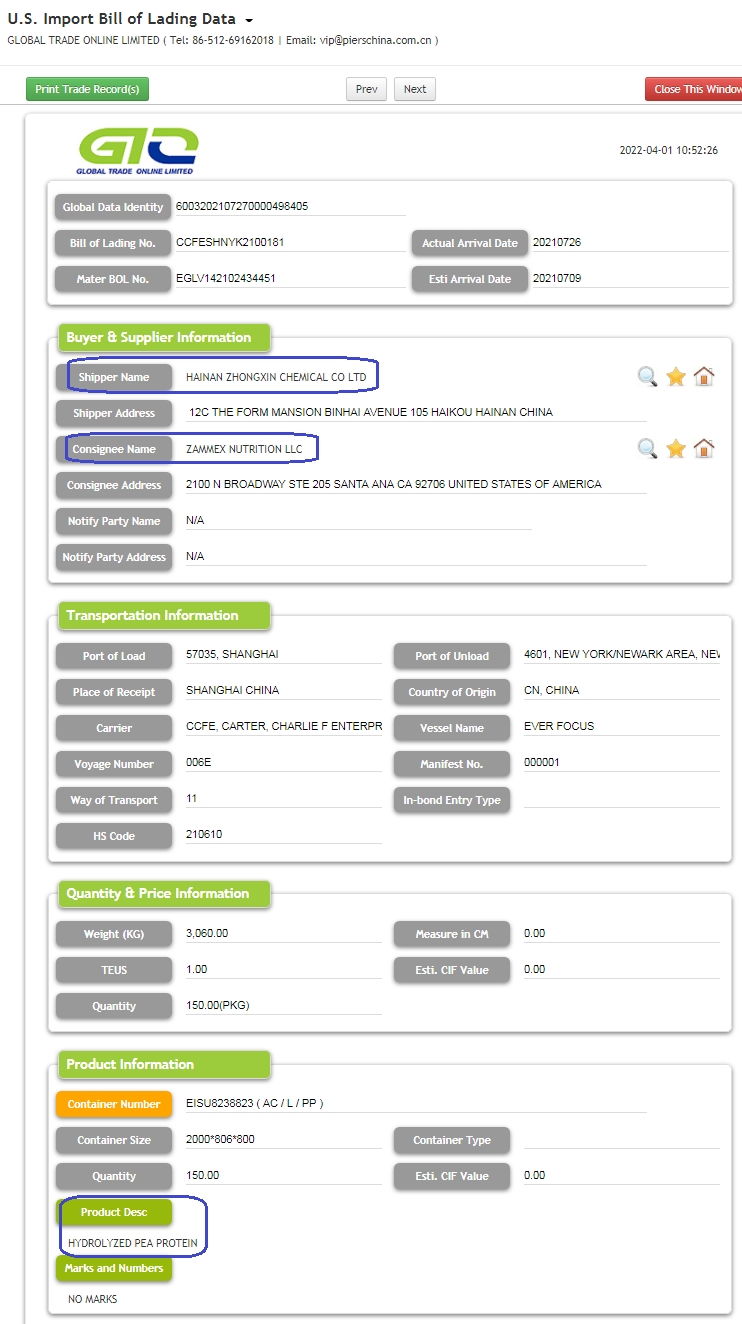 Hydrolyserat protein - USA Handelsdata