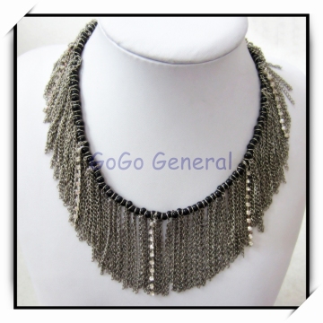 Silver Stones Chain Beaded Bali Tassel Necklace