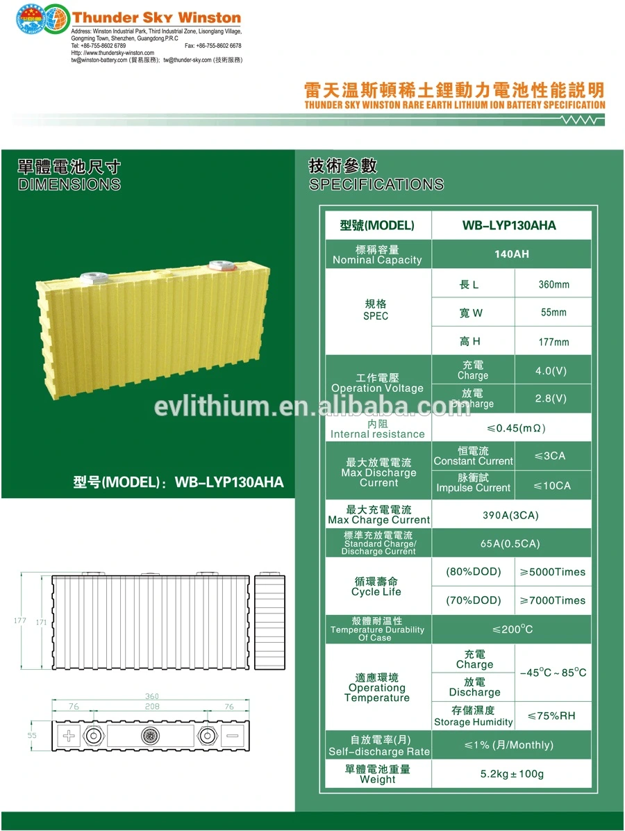 Winston Battery LiFePO4 3.2V 130ah Prismatic LiFePO4 Cell