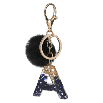 Glitter Gradient Resin Black Pompom Initial Keychain