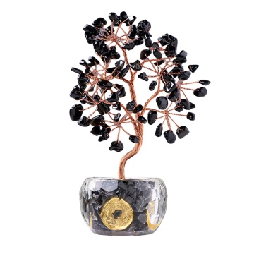 Raw Black Obsidian Raw Stone Copper Lucky & Life Of Tree Gold Coin Crytal Base Ornament for Home Decor