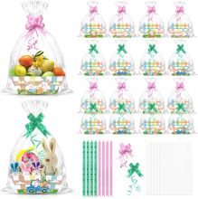 Easter Buffalo Plaid Baskets - Set of 12 Easter Market Trays with Cellophane, Bags, and Bows