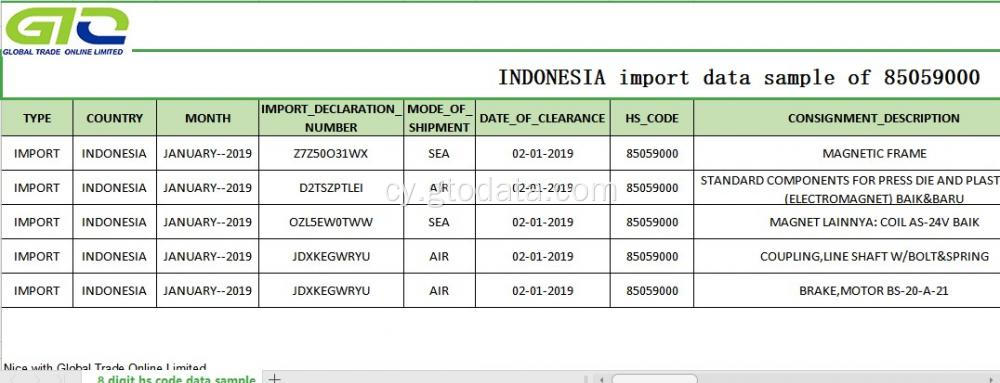 Sampl Data Mewnforio yn Cod 85059000 Magnetig