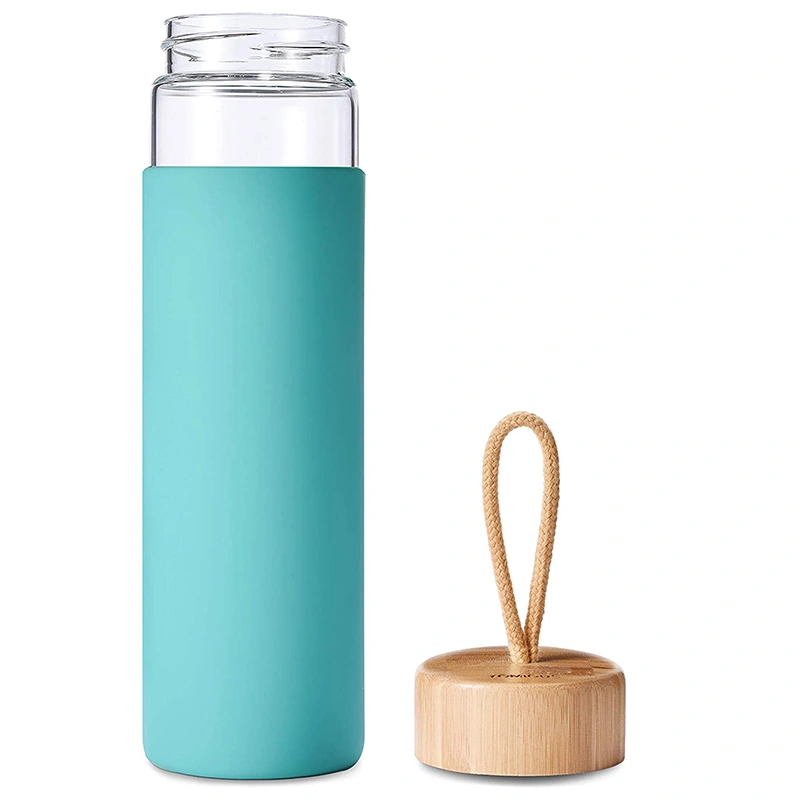 18oz 550ml Silicone Sleeve Borosilicate Glass Water Bottle with Bamboo Lids, Glass Drinking Water Bottle, Glass Water Bottle