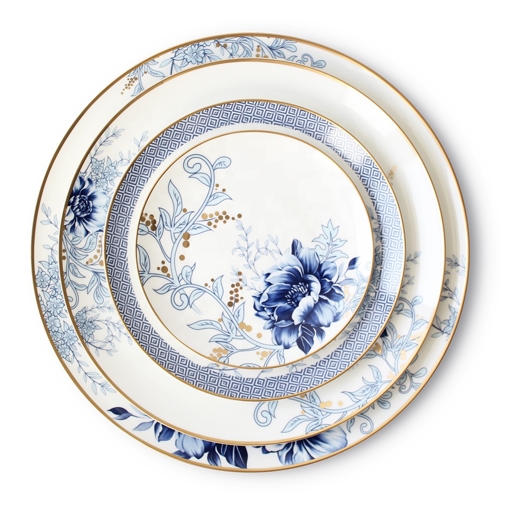 blauwe en witte servies sets