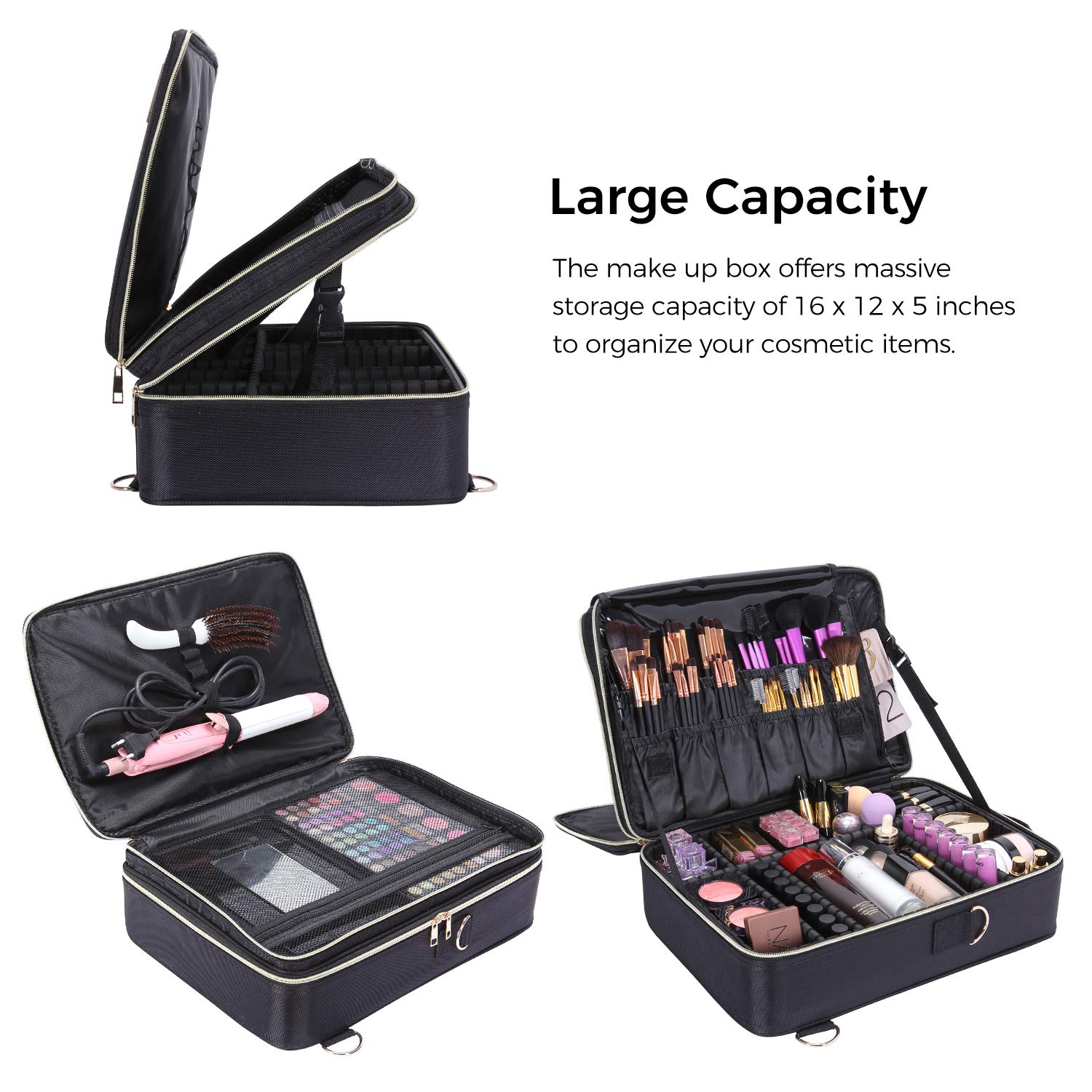 3-Layers Large Makeup Bag Train Case Travel Professional Cosmetic Organizer Bag with Adjustable Divider and gold zipper Black