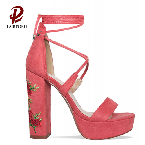 platform high chunky heels embroidered flower sandals