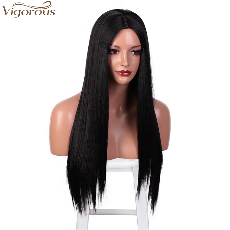 Vigorous High Temperature Middle Part Wigs For White Women Long Silky Straight Black Wigs Synthetic Wigs Wholesale Price