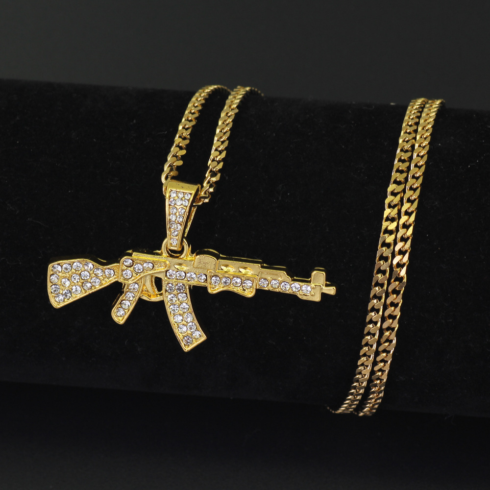 Ak 47 Gun Pendant Men Necklace Gold Crystal Hiphop Jewelry Cheap Man Design