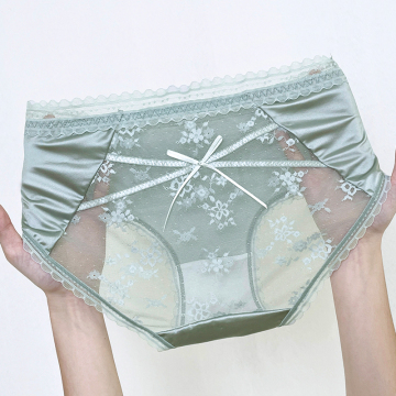 Ice Silk Satin Lace Trim Mid-Rise Panties