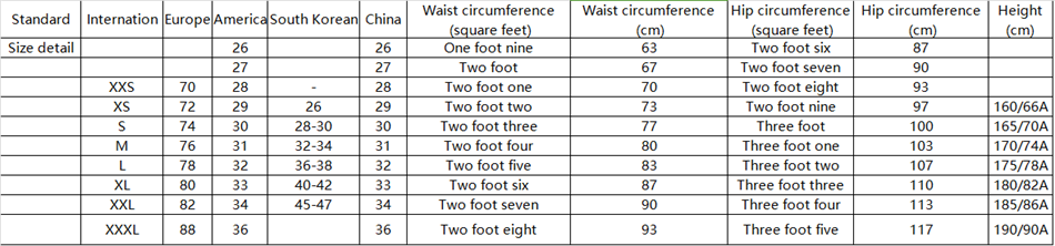 International Size Table