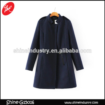 fashion 2015 Women Medium Long Wool Dark blue Tunic coat