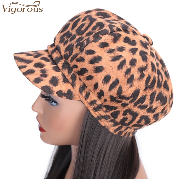 Vigorous Black Synthetic Fiber Wig With Orange Leopard Hat For Women Straight Heat Resistant Glueless Hair Wigs