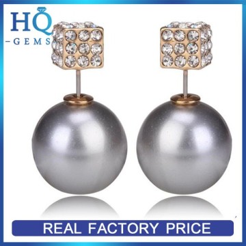 2016 hot sale fashion square imitation silver pearl balls double sided stud earrings