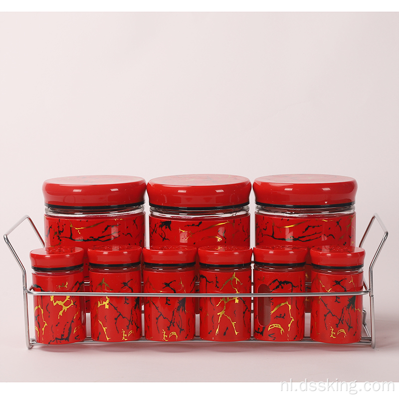 Kruidpotten en rek Set 9-delige set Spices Zout Peper Zoutpot Plastic Deksel Rood afdrukken Ronde Glas Zout en peperpotten