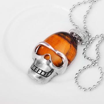 Tiger Eye Semi Precious Stone Skull Pendant Necklace