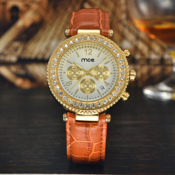 wholesale stainless steel back analog chrono diamond women watch